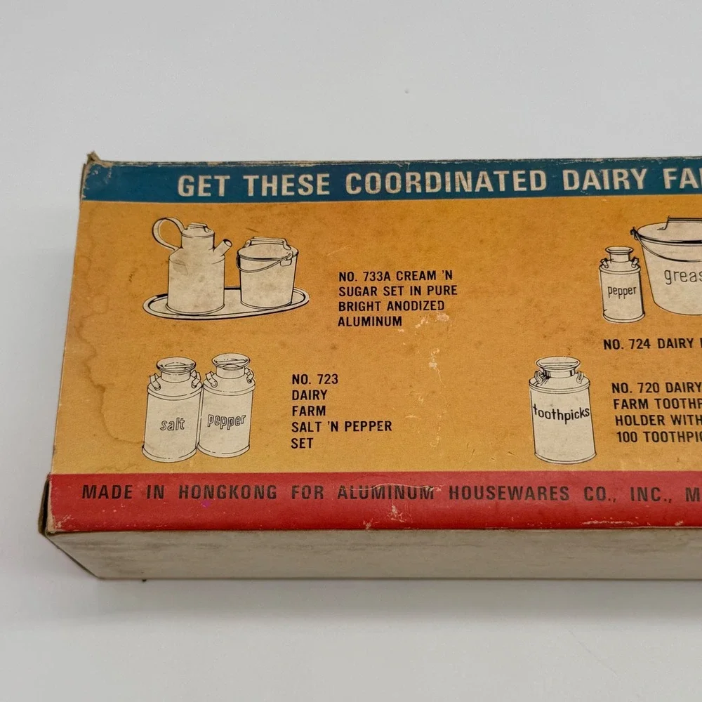 Vintage Fairgrove Miniature Dairy Farm Milk Can Aluminum Spice Shaker Set Boxed